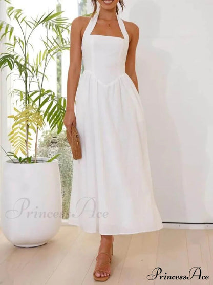 Halter Neck Waist Little Graceful Black Dress Mid Length Dress
