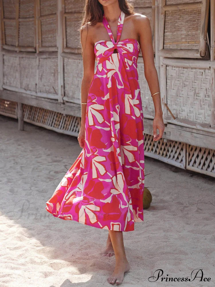 Halterneck Print Berry Charming Lotus Midi Dress