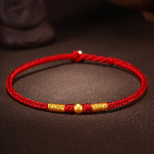 Handmade Red String Bracelet With 999 Gold Beads and King Kong Knot for Protection