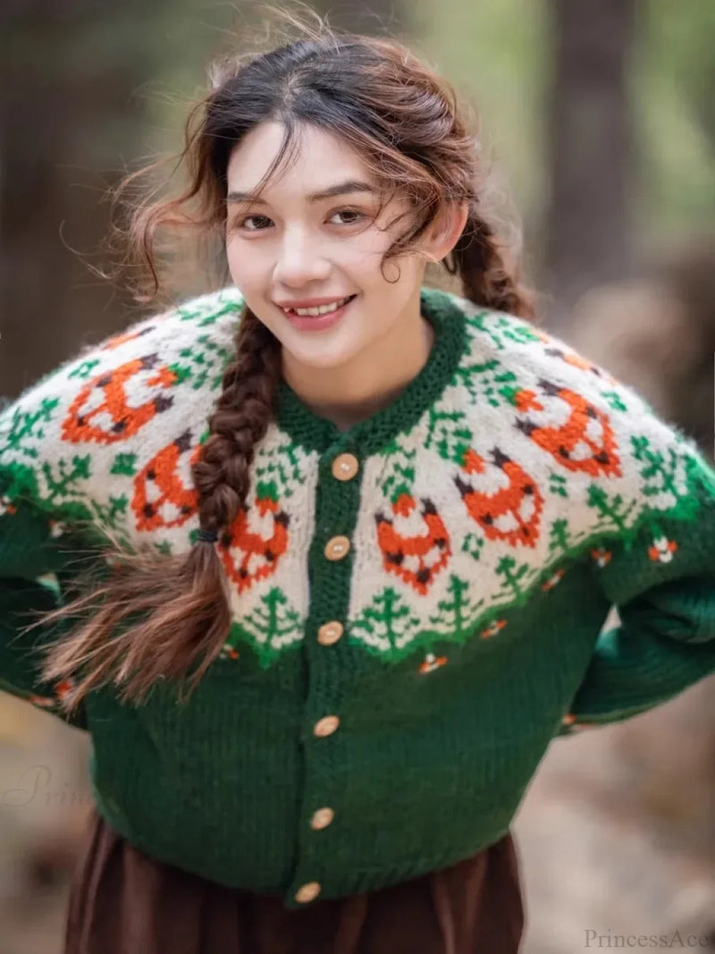 Handmade Thick Warm Fair Isle Nordic Green Cardigans Christmas Sweater