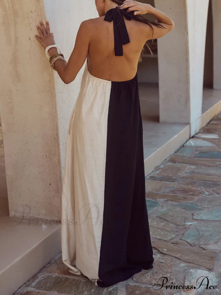 Hanging Neck Bold Contrast Color Halter Pocketed A-line Maxi Dress