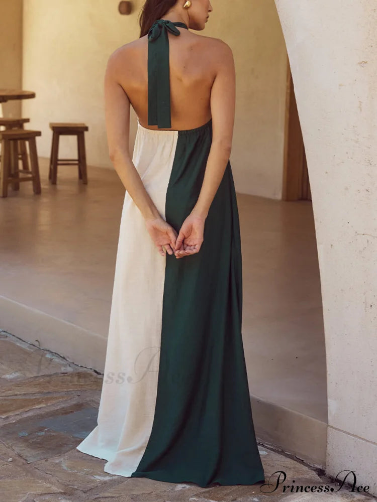 Hanging Neck Bold Contrast Color Halter Pocketed A-line Maxi Dress