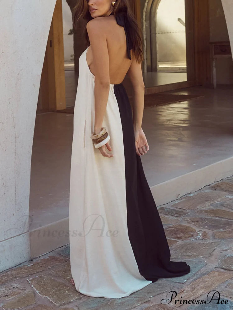 Hanging Neck Bold Contrast Color Halter Pocketed A-line Maxi Dress