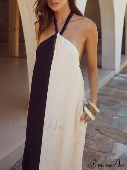 Hanging Neck Bold Contrast Color Halter Pocketed A-line Maxi Dress
