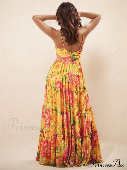 Hanging Neck Printed Graceful Design Backless Straight Maxi Dress