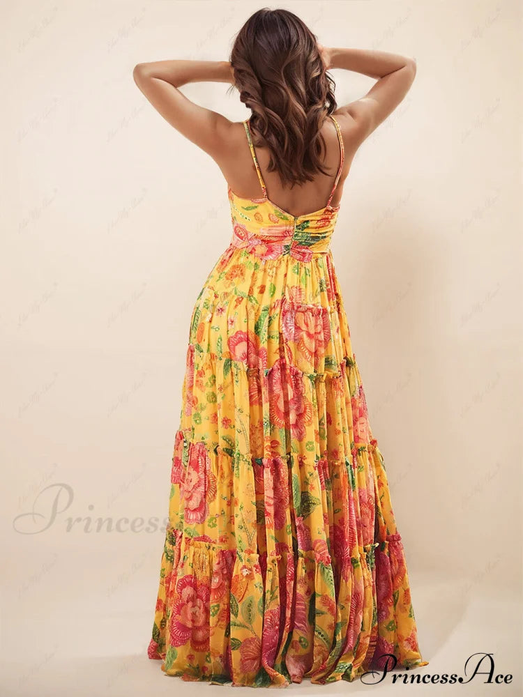 Hanging Neck Printed Graceful Design Backless Straight Maxi Dress