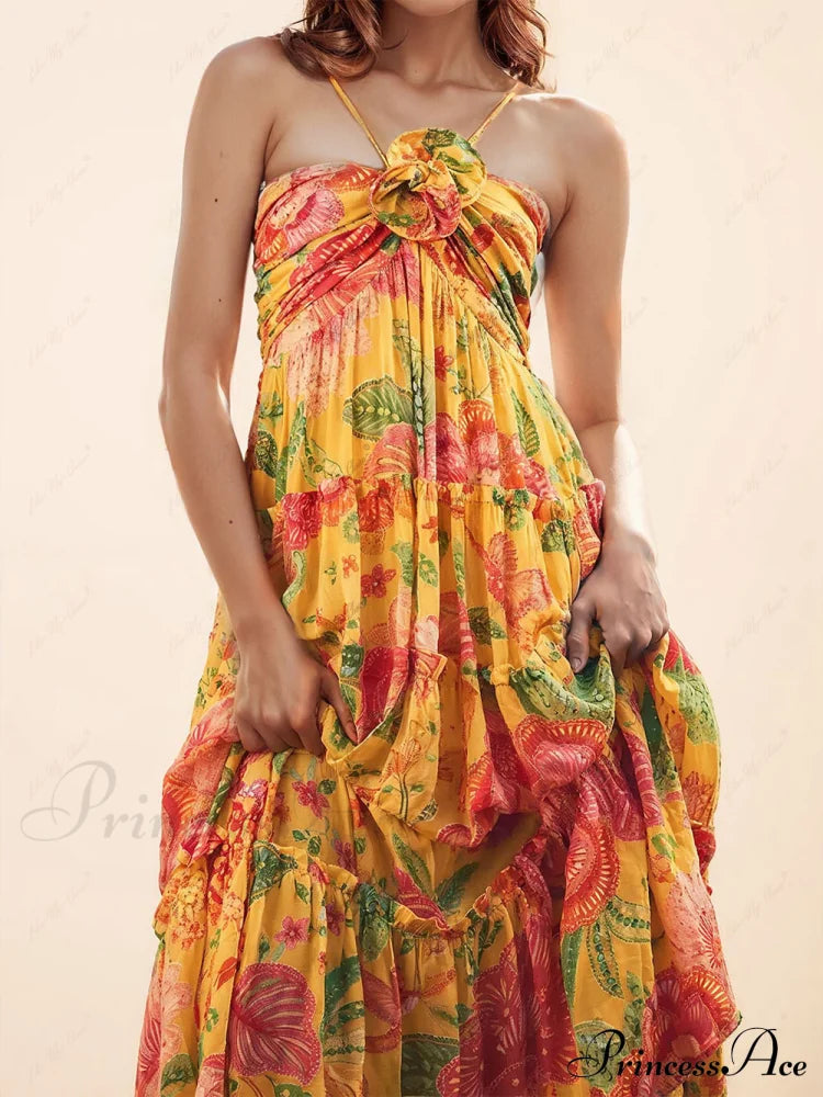 Hanging Neck Printed Graceful Design Backless Straight Maxi Dress