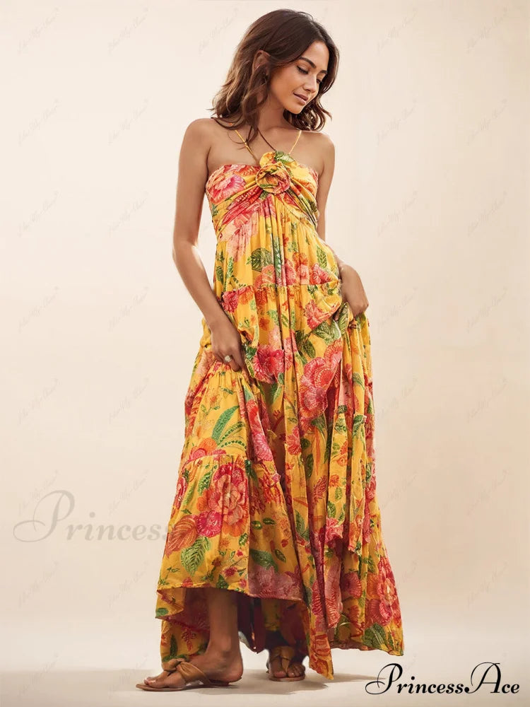 Hanging Neck Printed Graceful Design Backless Straight Maxi Dress