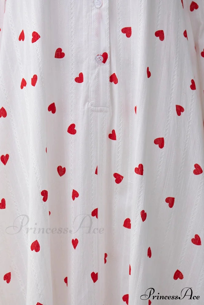 Heart Print Puff Sleeve Cotton Dress