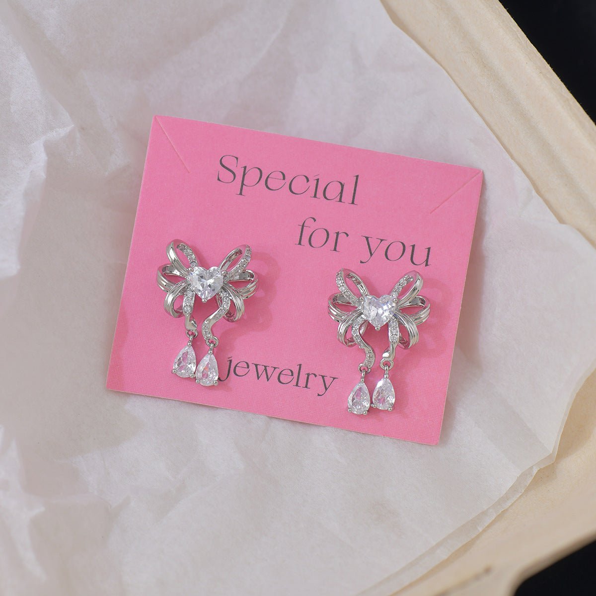 Heart Ribbon Earrings in Silver