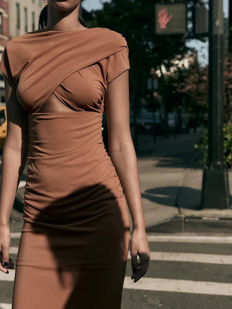 Boat Neck Backless Ruched Cutout Slit Maxi Dress