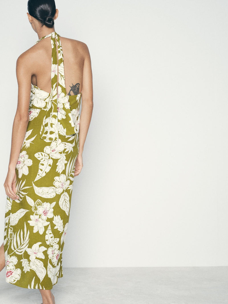 Print Halterneck Backless Slit Maxi Dress
