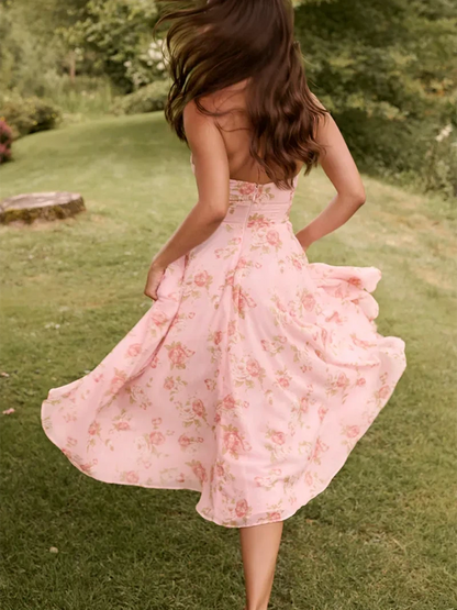 Print V Neck Halter French Midi Dress