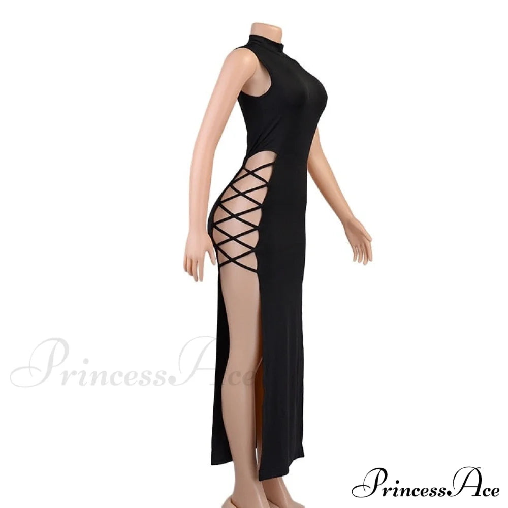 High Neck Sleeveless Charming Side Tie-up Midi Dress