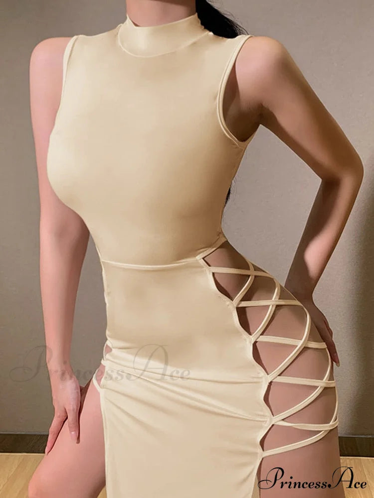 High Neck Sleeveless Charming Side Tie-up Midi Dress