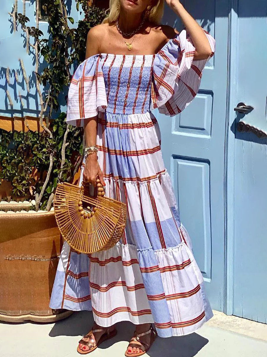 Off Shoulder Ruffle Sleeves Stripes Swing Maxi Dress