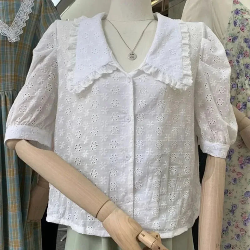 Hollow Lace Puff Sleeve Peter Pan Collar Blouse