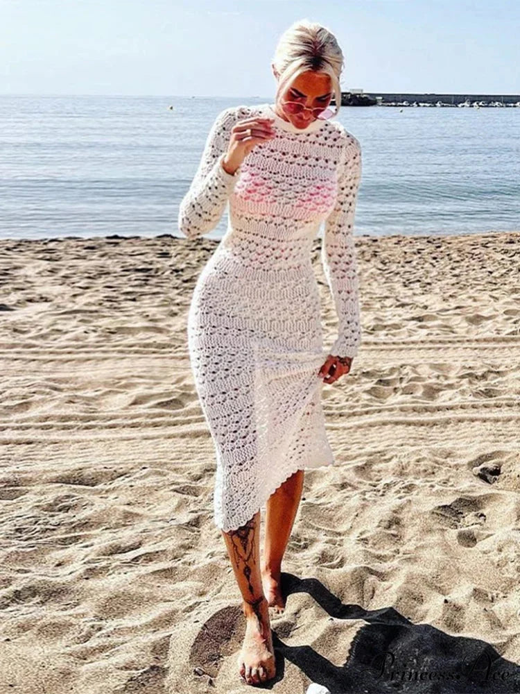 Hollow Out Backless Knitted Long Sleeve Lace Up Mix Midi Dress