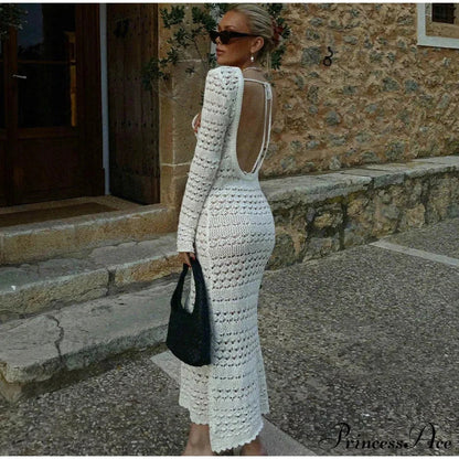 Hollow Out Backless Knitted Long Sleeve Lace Up Mix Midi Dress