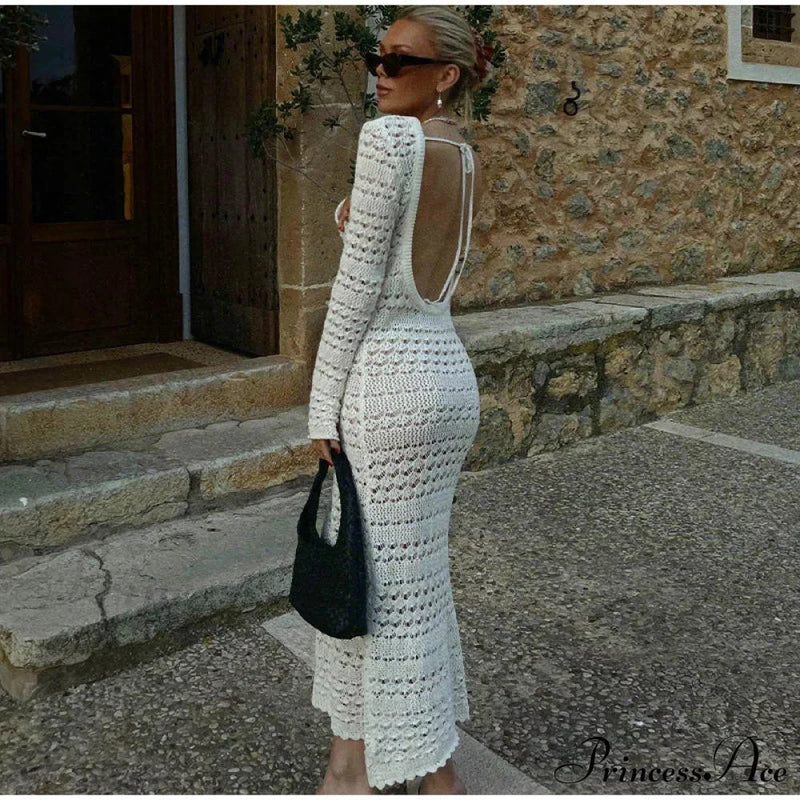 Hollow Out Backless Knitted Long Sleeve Lace Up Mix Midi Dress