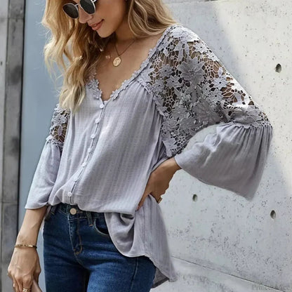 Hollow Out Deep V-neck Flare Sleeve Blouse