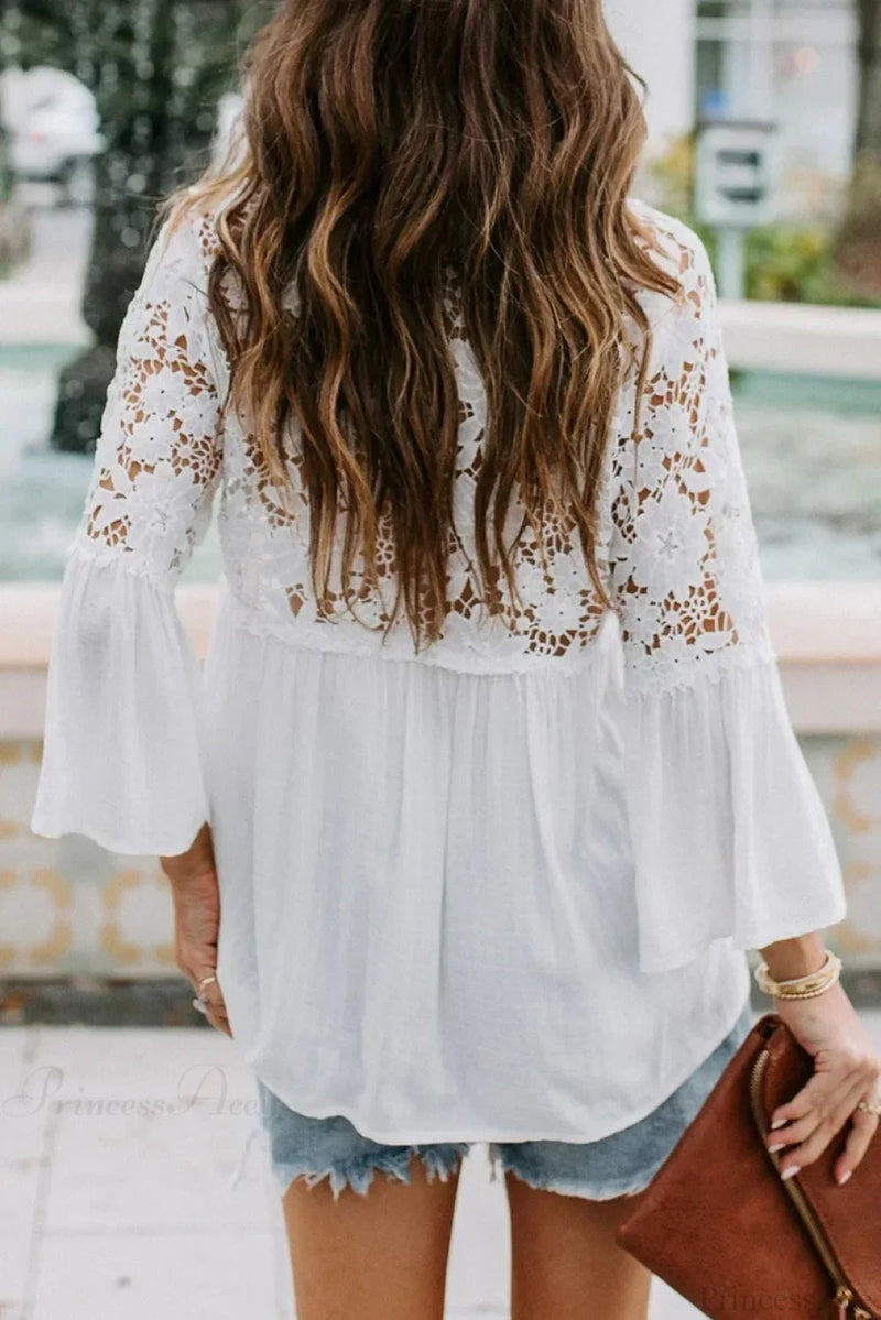 Hollow Out Deep V-neck Flare Sleeve Blouse