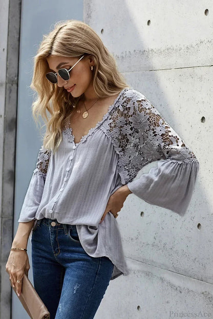 Hollow Out Deep V-neck Flare Sleeve Blouse