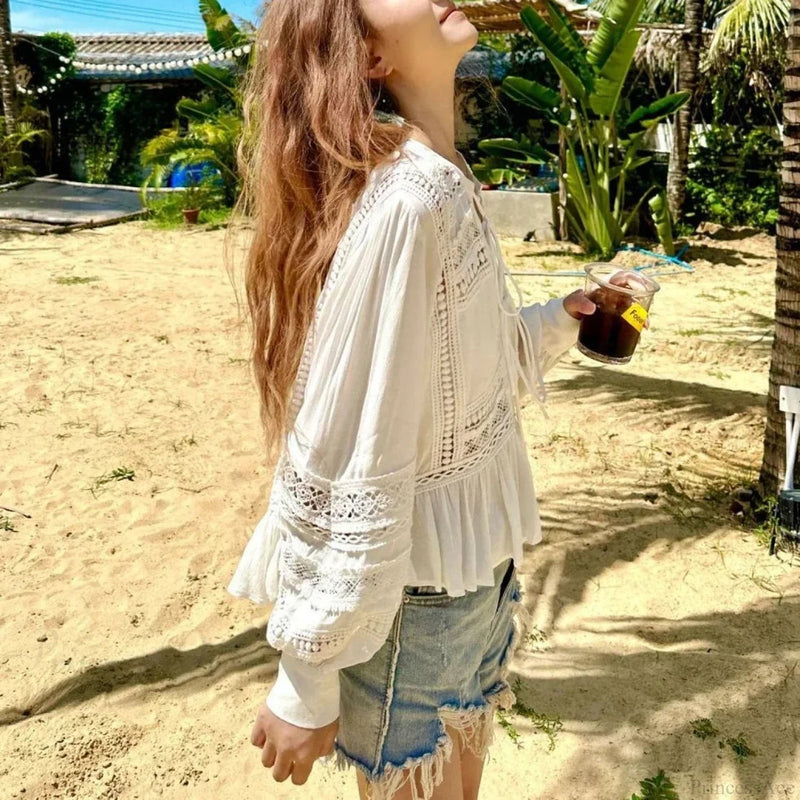 Hollow Out Lace Long Sleeve Ruffles Blouse