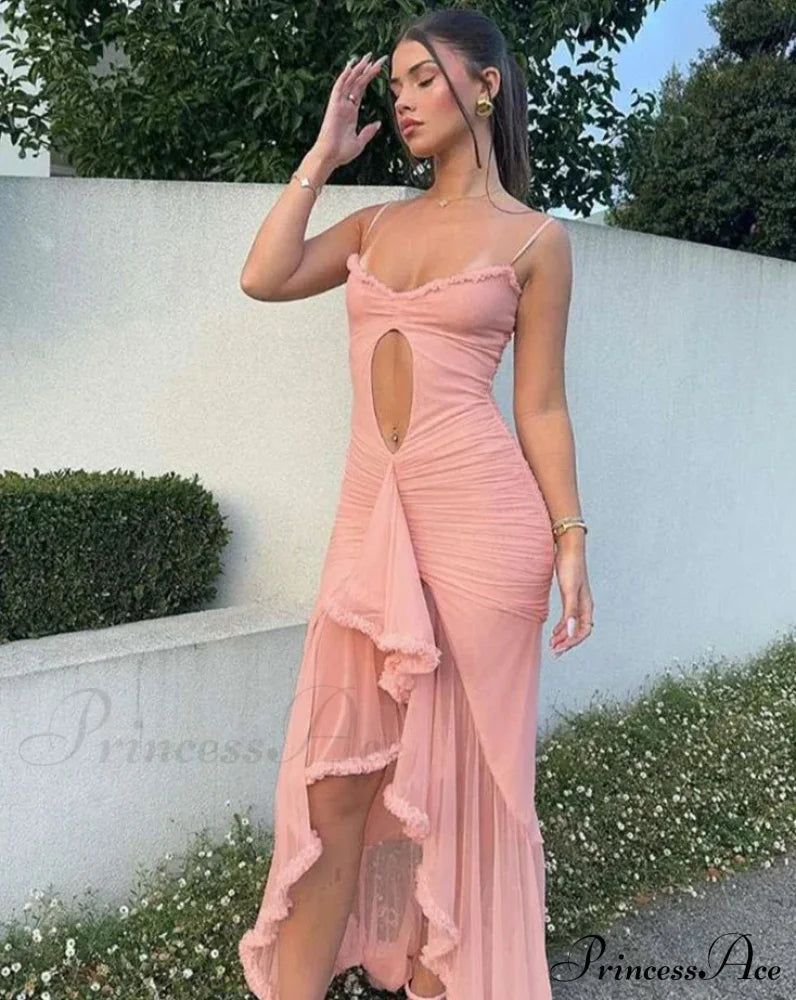 Hollow Out Ruffles Charming Strap Midi Dress