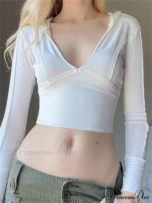 Hooded Ribbed Long Sleeve Deep V Neck Color Slim Fit T-shirts