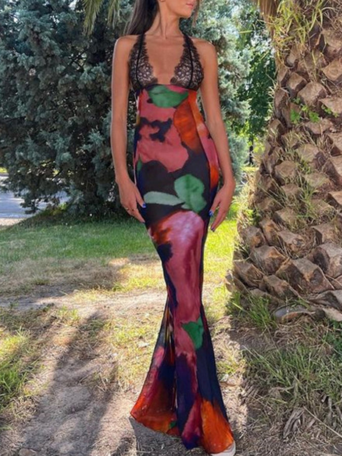 See-through Backless Deep V Lace Splicing Printed Suspender Long Dress