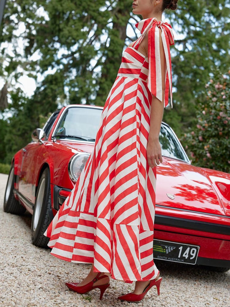 Hidden Striped Turtle High Waisted Maxi Dress-poppy & Antique Stripe