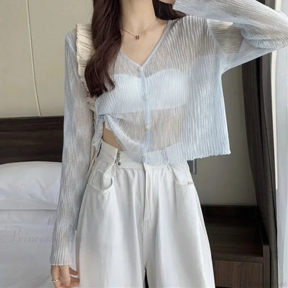 Ice Silk See-through Thin Single Breasted Pink Knit Cardigan