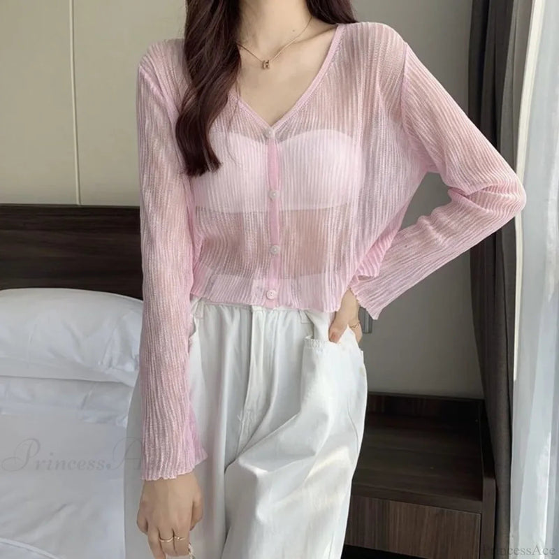 Ice Silk See-through Thin Single Breasted Pink Knit Cardigan