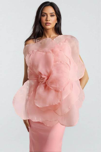 Alaya Slant Shoulder 3d Midi Dress-pink