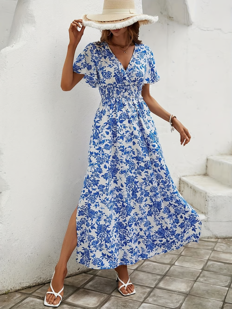 Brina - V-neck Blue -printed Slimming Maxi Dress