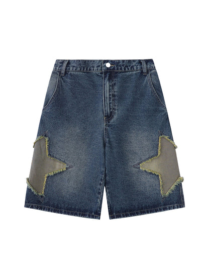 Star-stitched Patched Denim Shorts