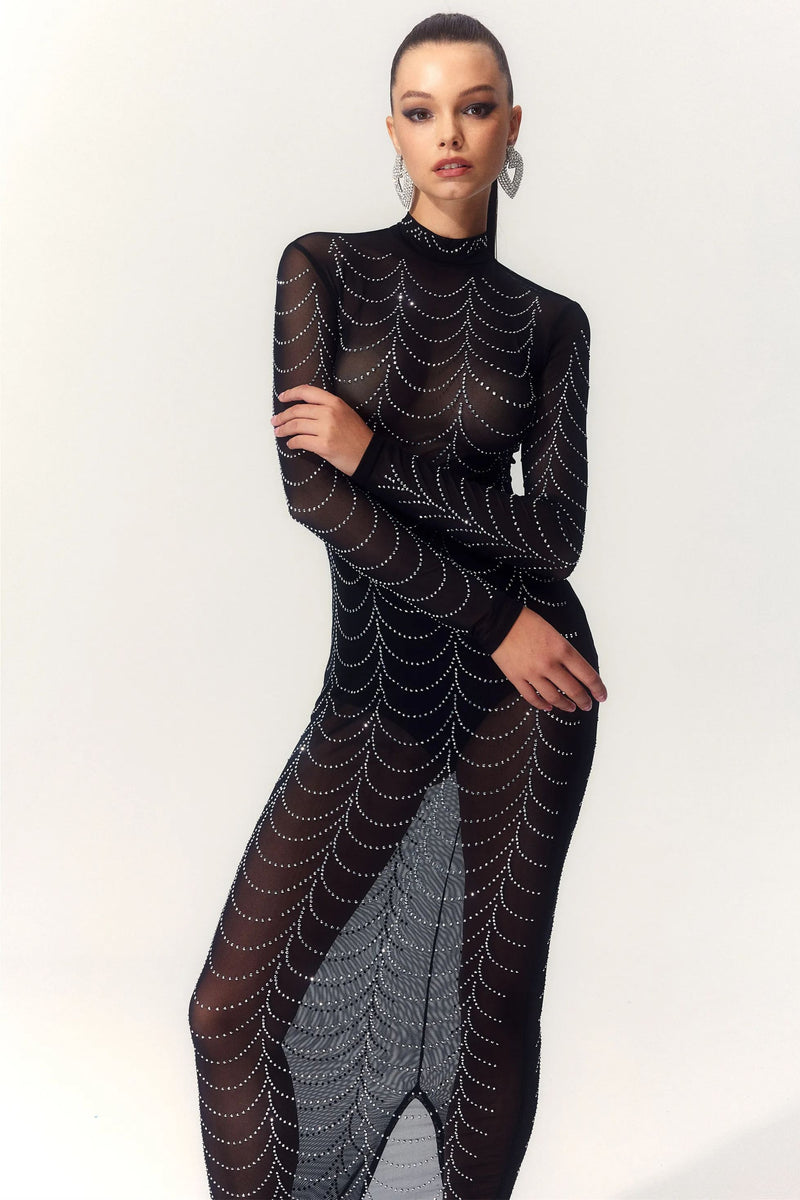 Cornelia Mock Neck Rhinestone Maxi Dress