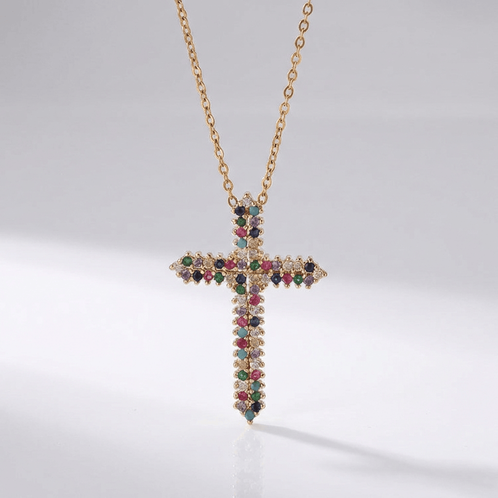 Zircon Rainbow Cross Necklace