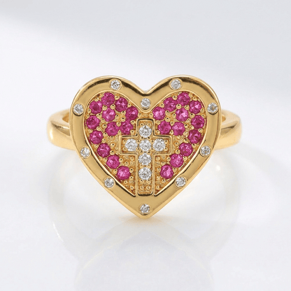 Colorful Heart & Cross Silver Ring - (adjustable)