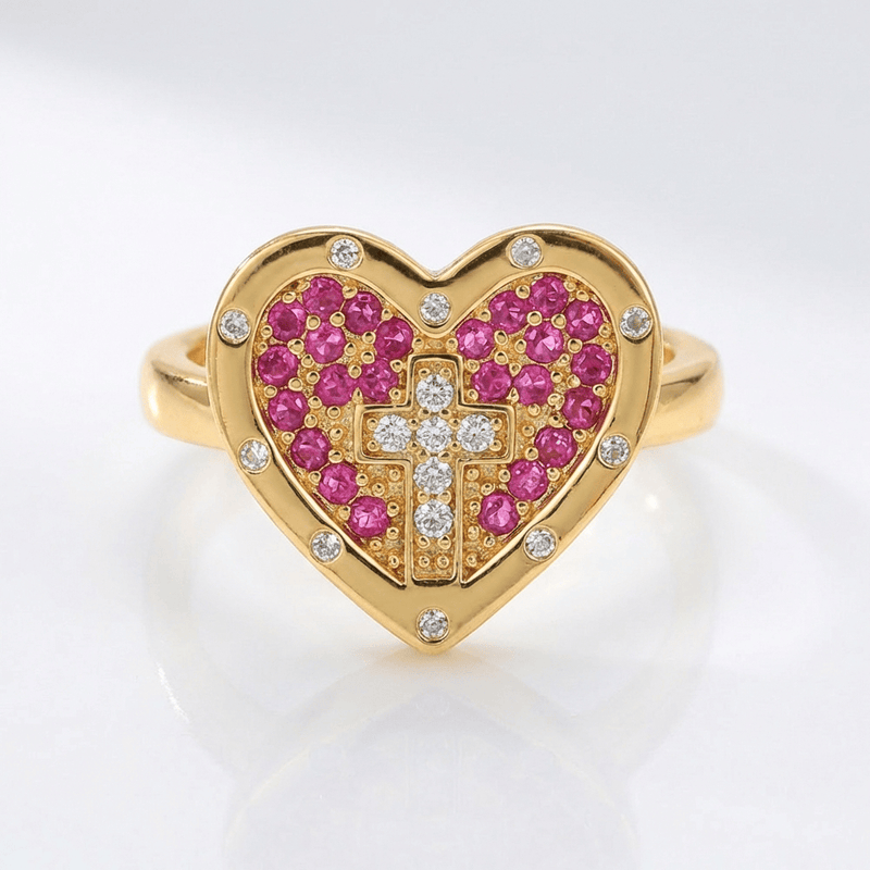 Colorful Heart & Cross Silver Ring - (adjustable)