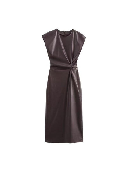 Pu Leather Ruched Midi Dress