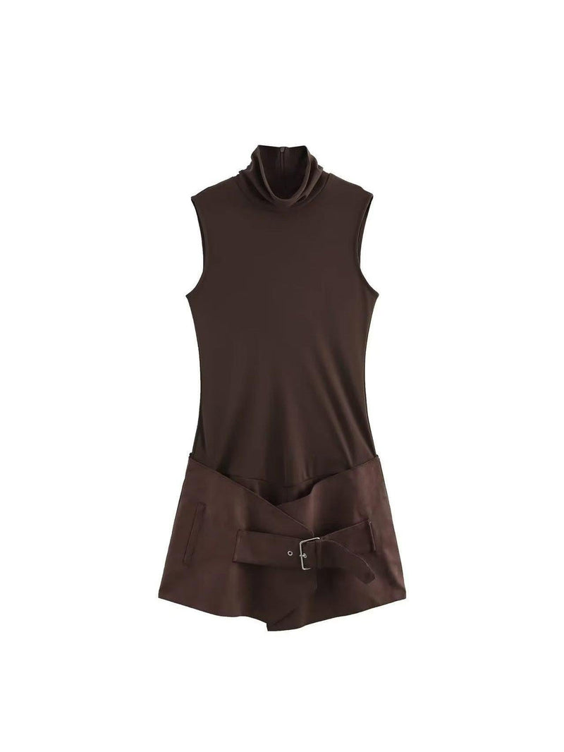Suede High Neck Romper With Belt