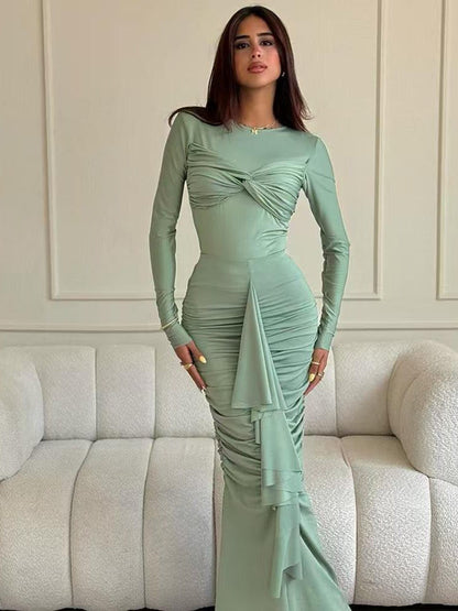 Drapped Ruched Ruffle Bodycon Maxi Dress