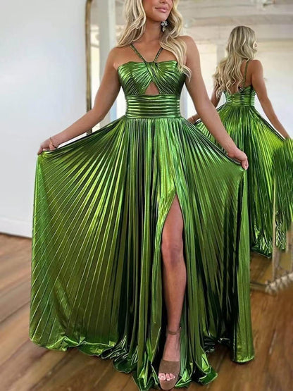 Metallic Pleated Halterneck Cutout Slit Maxi Dress
