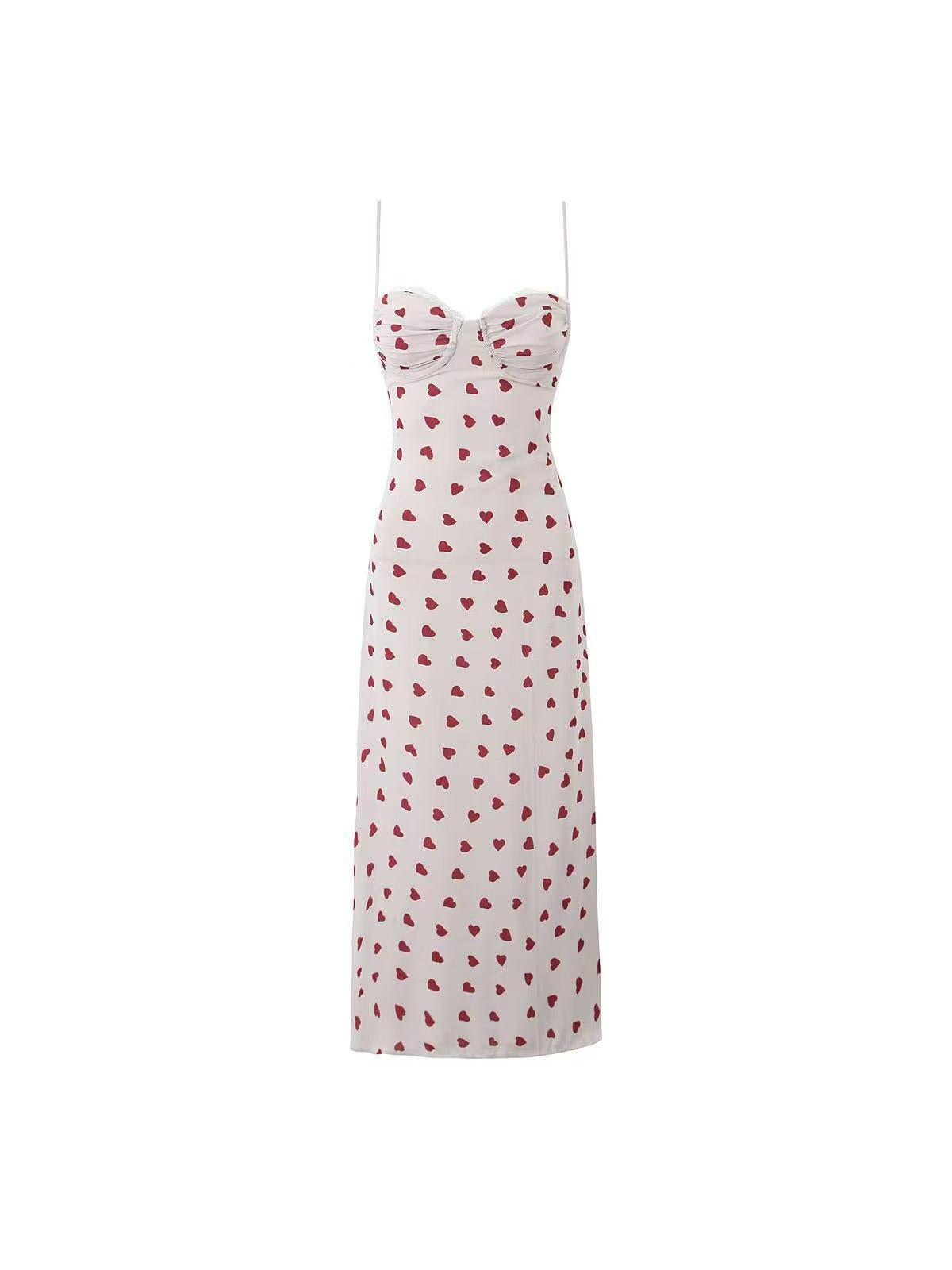 Lace Spaghetti Strap Corset Heart Print Midi Dress