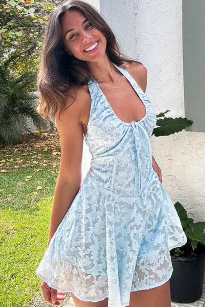 Breezy Halter Bow Tie Drop Waist Jacquard Vacation Mini Dress