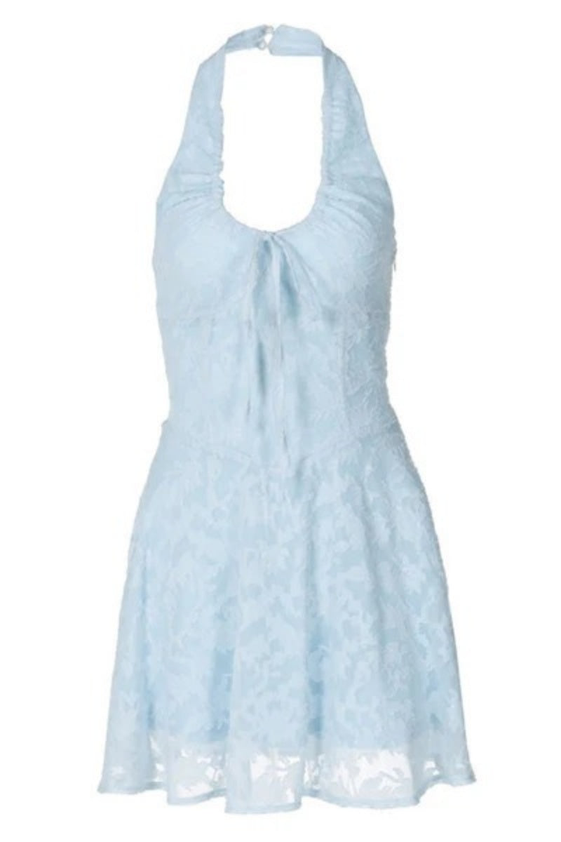 Breezy Halter Bow Tie Drop Waist Jacquard Vacation Mini Dress