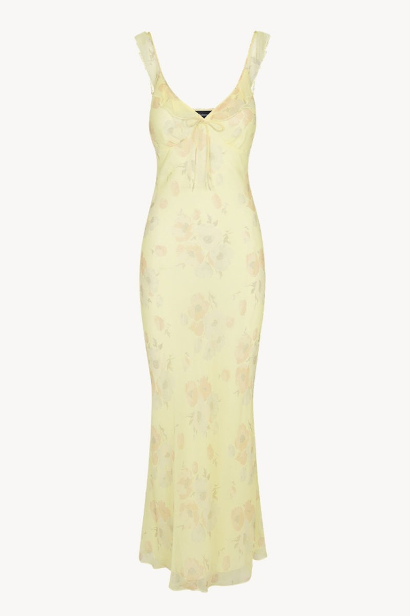 Bow Ruffle Plunge Neck Slim Fit Maxi Dress