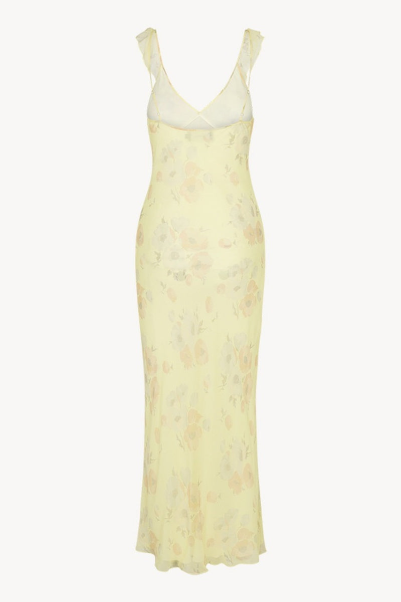 Bow Ruffle Plunge Neck Slim Fit Maxi Dress